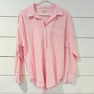 LOFT Striped Button Shirt Coastal Core Pink White Oversized Clean Girl L